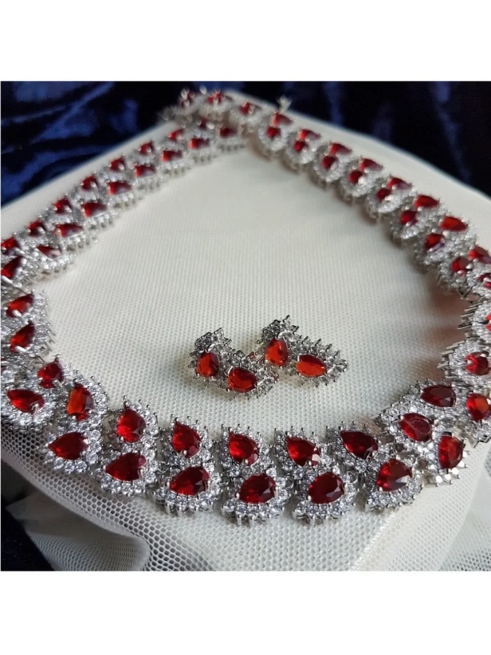 Swarovski Elements Platinum Ruby Red All-around Tennis Necklace & Earrings SET